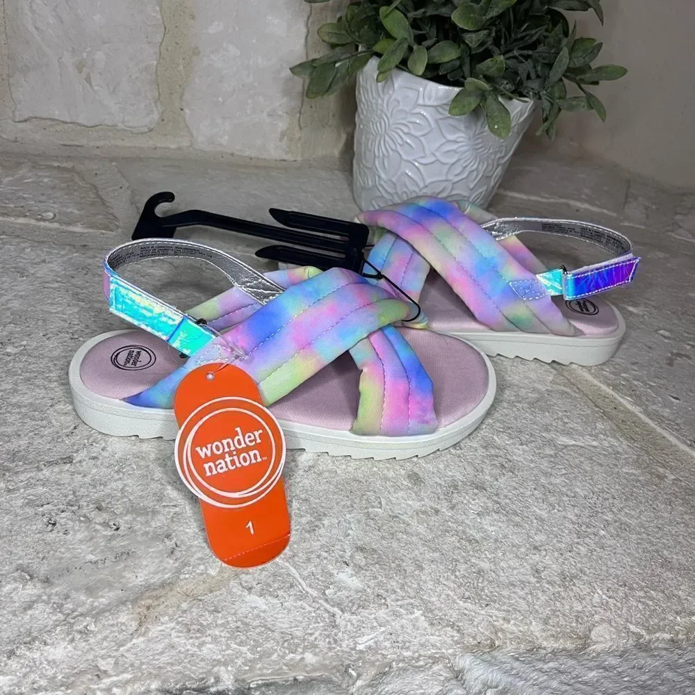 Wonder Nation Tie-Dye Puff Cross Band Sandals, Sizes I